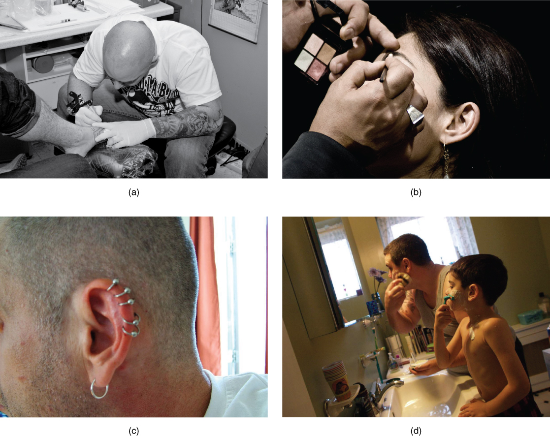 Photo A shows a person getting a tattoo on the foot. Photo B shows a woman getting her eyebrows groomed. Photo C shows a person’s ear, with five earrings in the upper part and one in the lobe. Photo D shows a man and a boy shaving their faces.