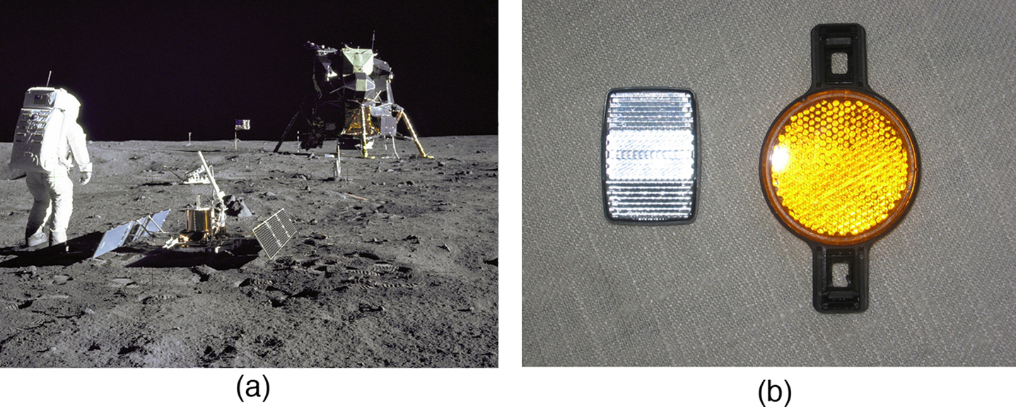 Picture (a) shows the lunar expedition with the astronauts and their space shuttle. Picture (b) shows rectangular and round shaped bicycle reflectors.