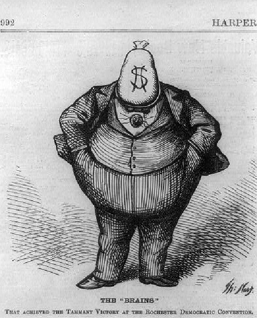 An image of a corpulent cartoon figure wearing a suit, hands in pockets, with a bag of money instead of a head. Text under the figure reads