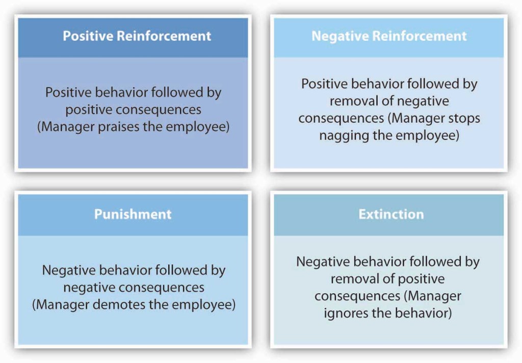 Four kinds of reinforcement. 1. Positive reinforcement: positive behavior followed by positive consequences (manager praises the employee). 2. Negative reinforcement: positive behavior followed by removal of negative consequences (manager stops nagging the employees). 3. Punishment: negative behavior followed by negative consequences (manager demotes the employee). 4. Extinction: negative behavior followed by removal of positive consequences (manager ignores the behavior)