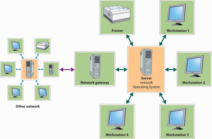 The server, or network operating system, connects to four workstations, a printer, and a network gateway, which connects to another network.