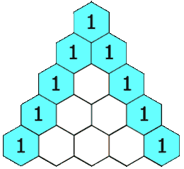 An animation showing the numbers in Pascal's triangle summing to the numbers in the next row. At the top is 1, the first row is 1, 1, the second row is 1, 2, 1, the third row is 1, 3, 3, 1, and the fourth row is 1, 4, 6, 4, 1.