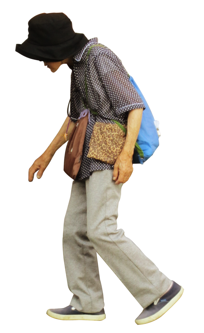 This image shows an elderly woman walking. You can tell she has osteoporosis because of the way she is hunched over, colloquially referred to as a 
