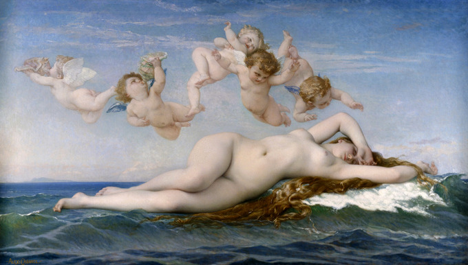 Venus is depicted as a nude woman lying on the ocean with cherubs flying above her.