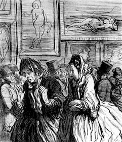 Drawing of 19th century patrons at an art museum. Two women in the foreground appear frustrated with the paintings of Venus in the background.