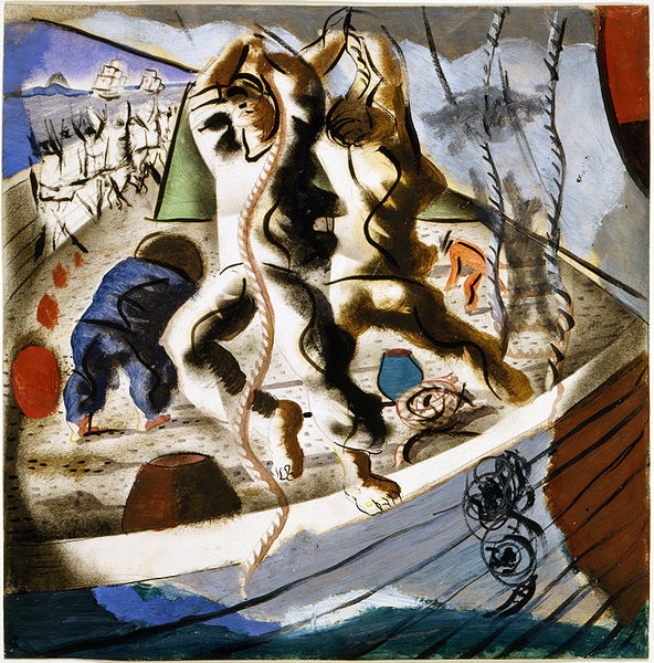 Drawing shows several men on board a ship, two pulling on ropes.
