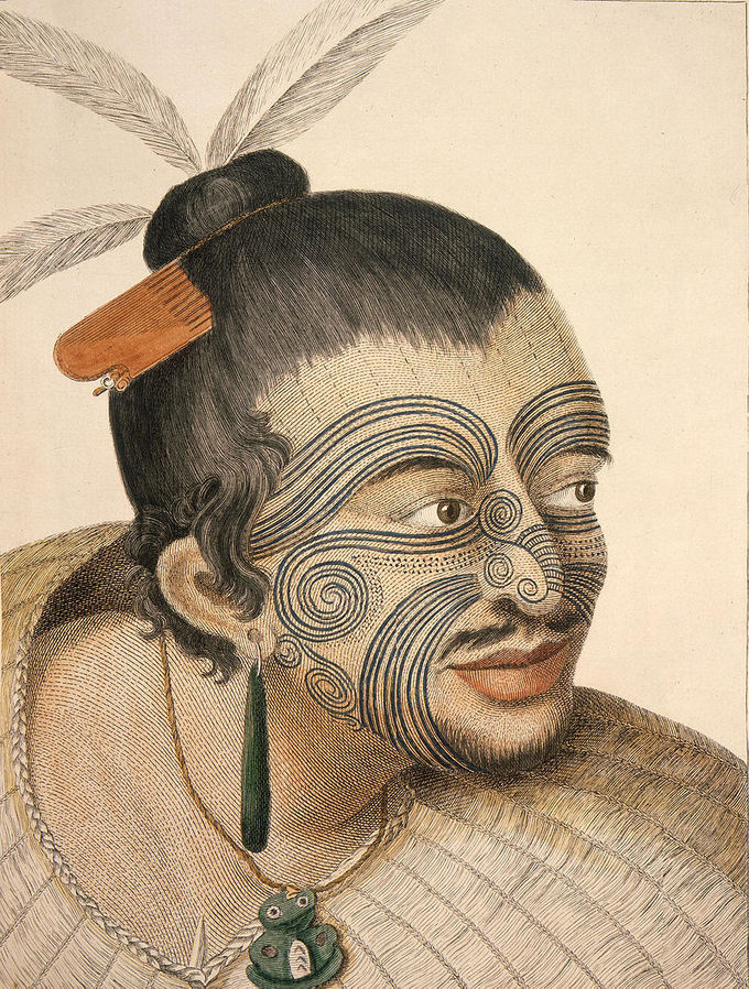 This portrait shows Sydney Parkinson with feathers sticking out of his bun, a comb placed in his hair, long green earrings, and lines drawn or tattooed on his face.