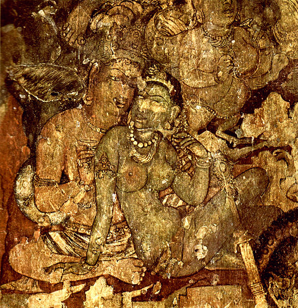 This is a photo of an Ajanta Cave wall painting of a man and a woman sitting side-by-side. The woman is leaning into the man.