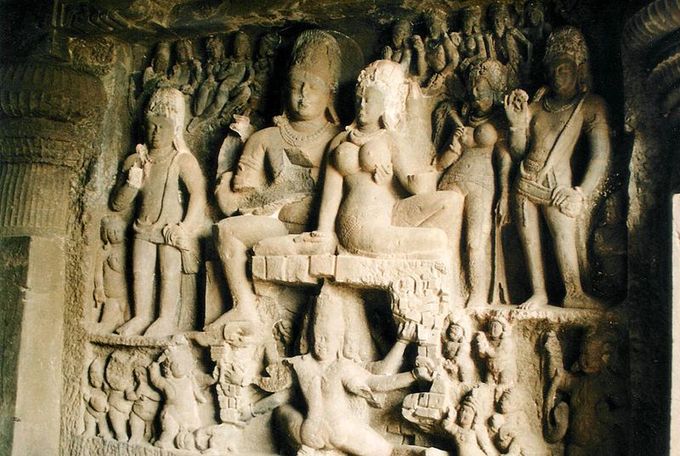 This is a photo of a wall in the Ellora Cave.