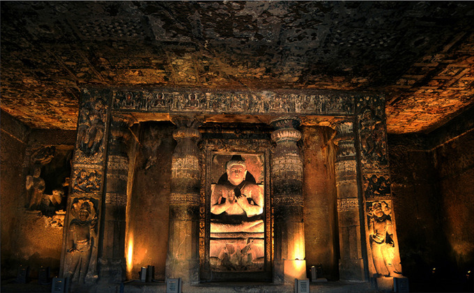 This photo shows the interior of the Ajanta Cave.