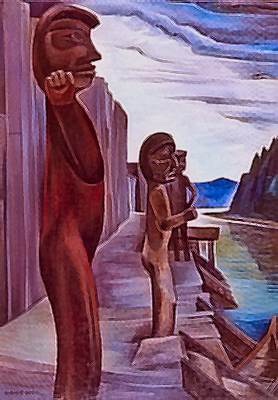 A painting of totem poles at Blunden Harbor.
