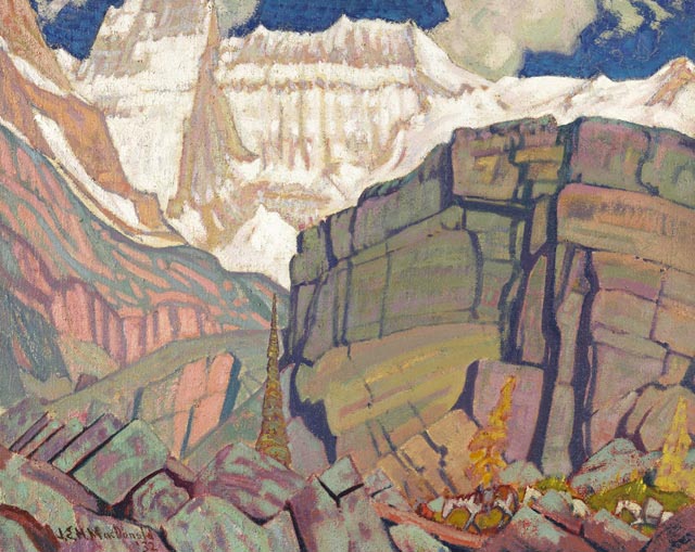 A colorful and almost abstract landscape of Mount Lefroy.