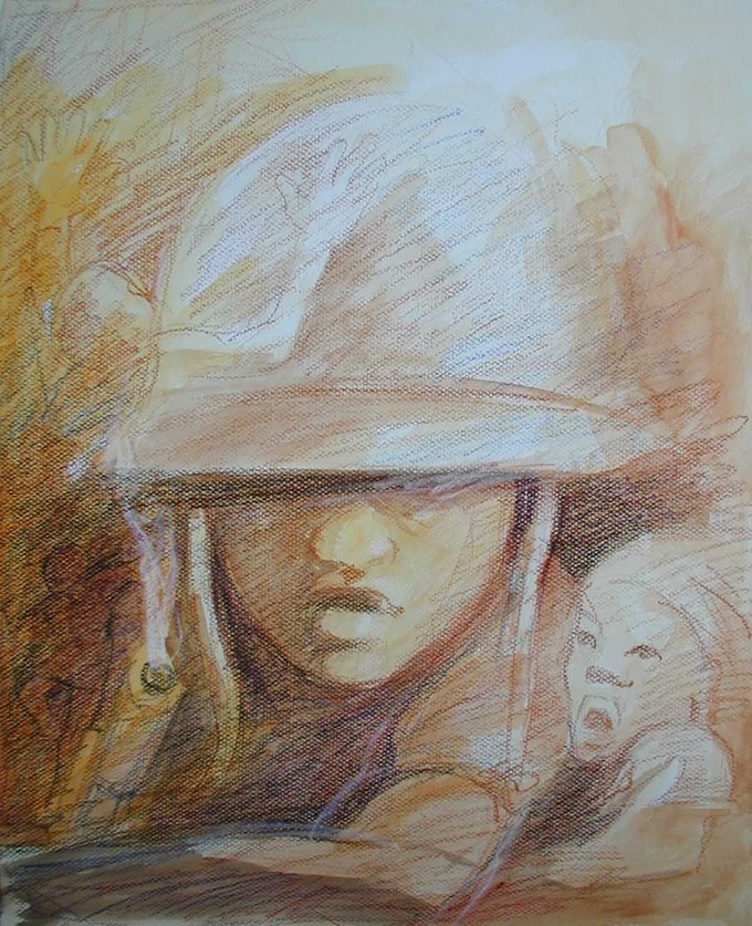 Child soldier wearing a helmet, holding a smoking gun.