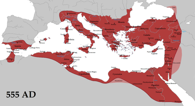 This map shows the Byzantine Empire at its height. In includes much of the historically Roman western Mediterranean coast, including North Africa, Italy, and Rome, all of which are colored red on this map.