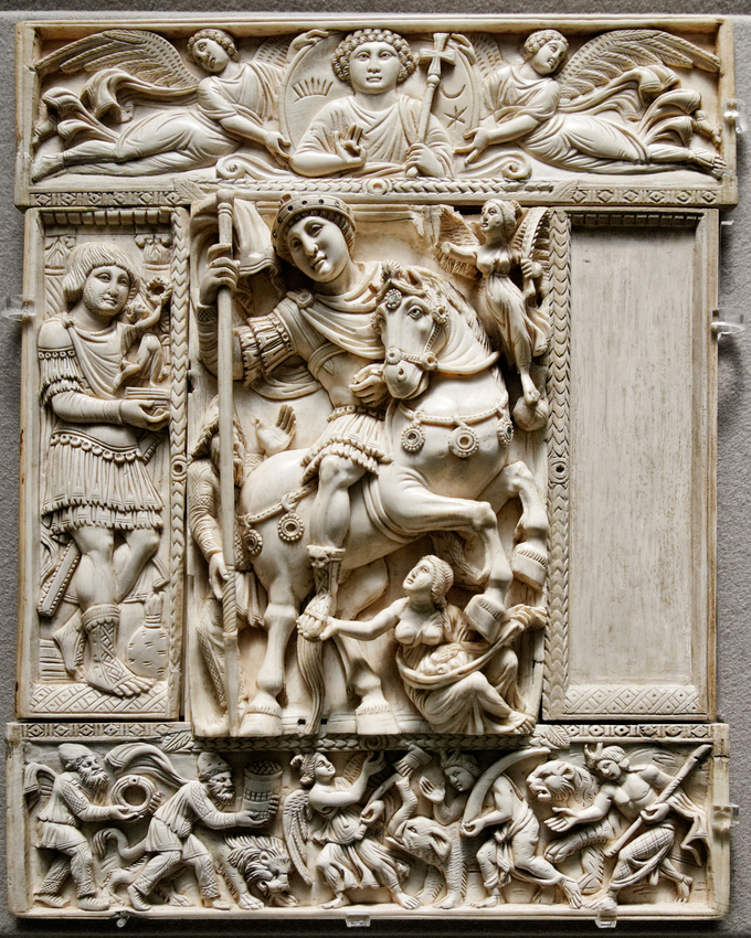 This is a photo of the Barberini Diptych. In the center, the relief depicts a triumphant figure of an emperor on a rearing horse.