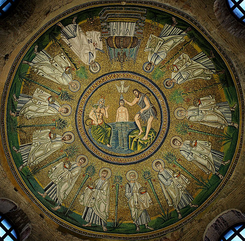 This photo shows a mosaic of the Baptism of Jesus.