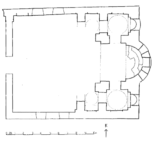 This is the ground plan of the katholikon church of the Pelekete monastery. It shows an irregular rectangular layout with an apse at the east end.