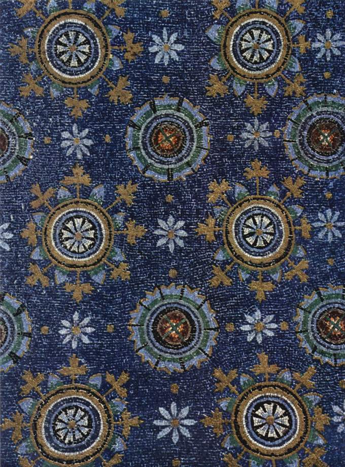 This is a closeup photo of a ceiling mosaic at the mausoleum of Galla Placidia.