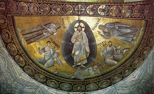 This photo shows the mosaic of the transfiguration of Jesus.