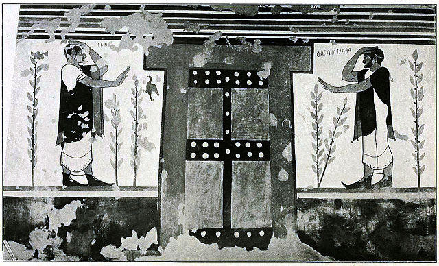 This is a photo of the Augurs, a fresco, it depicts two figures on either side of a door. Each extends one arm towards the door and the other arm places the hand against their forehead in a gesture of salutation and mourning.