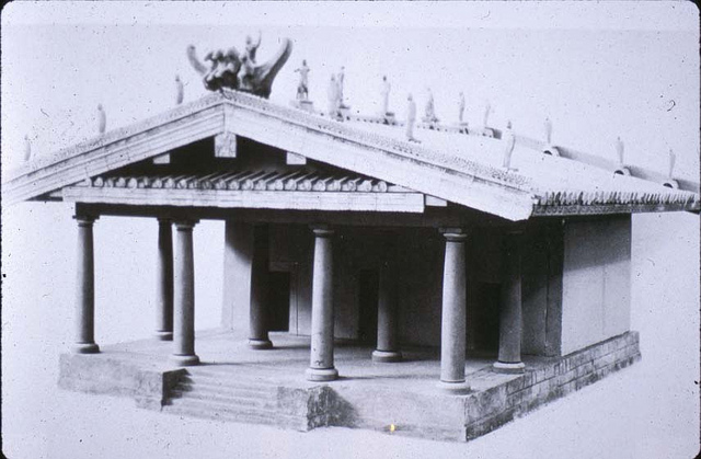 This is a photo of a model of the Portonaccio Sanctuary of Minerva shows a columned pronaos (porch) and a triple cella (the inner area of an ancient temple).