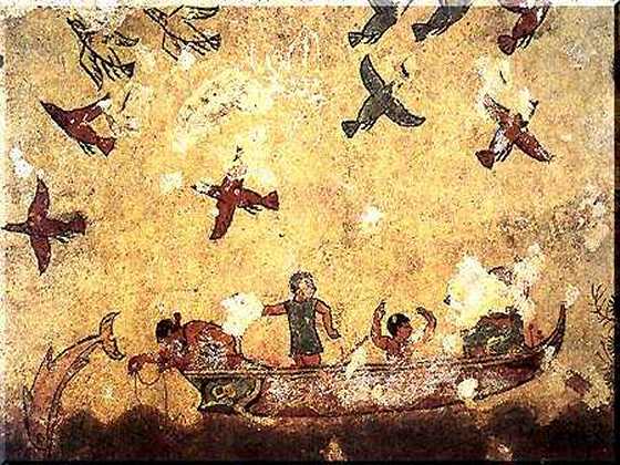 This is a photo from the Tomb of Hunting and Fishing. It shows a fresco depicting an assortment of birds flying in the sky over several fishermen in a boat.