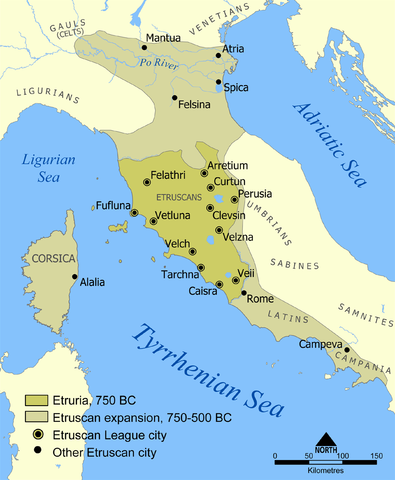 This is a map of the Etruscan civilization, from 750 to 500 BCE. The Etruscans eventually settled as far north as the Po River and as far south as the Tiber River and the northern parts of Campania.