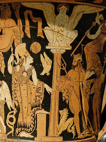 This is a closeup photo of a pseudo-red-figure painting on a krater. Athena and Poseidon are shown on either side of an Ionic column topped by a female sphinx.