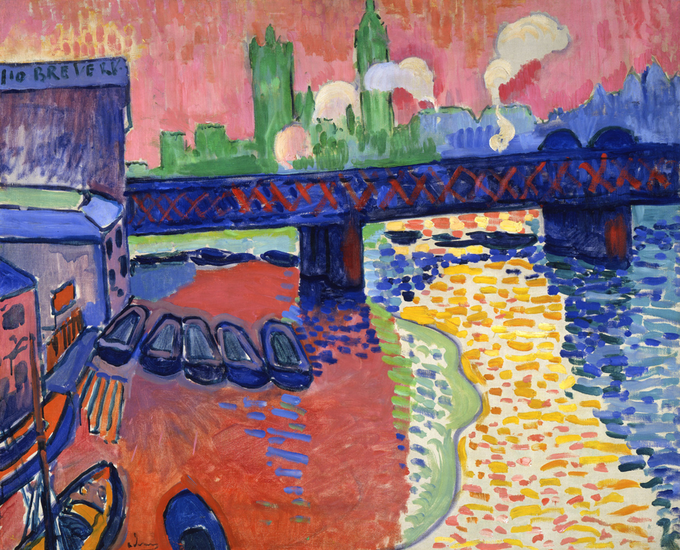 Painting of the Charing Cross Bridge with city buildings in the background and boats in the foreground. Many bright colors are used.