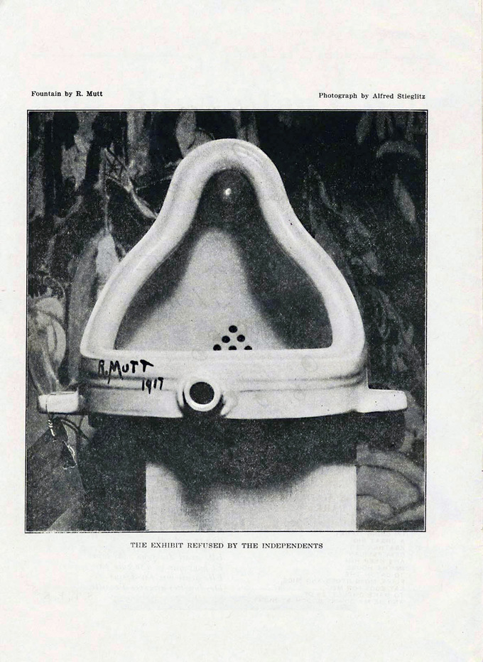 A black and white photo of the piece, a porcelain urinal signed “R.Mutt 1917