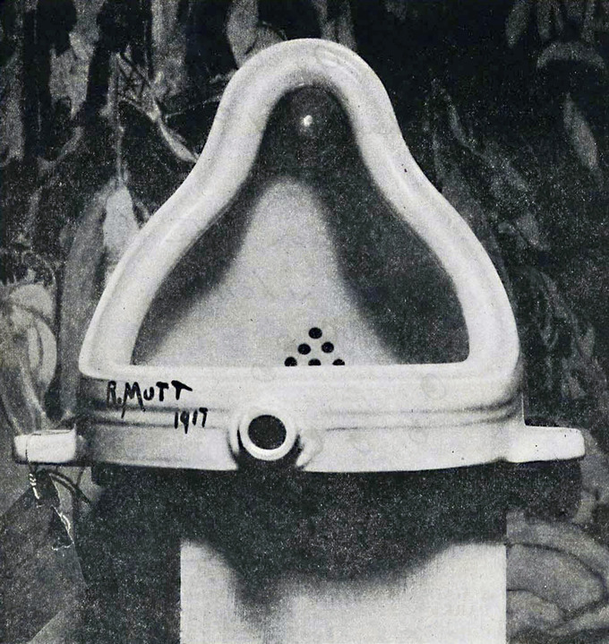 A black and white photo of the piece, a porcelain urinal signed “R.Mutt 1917