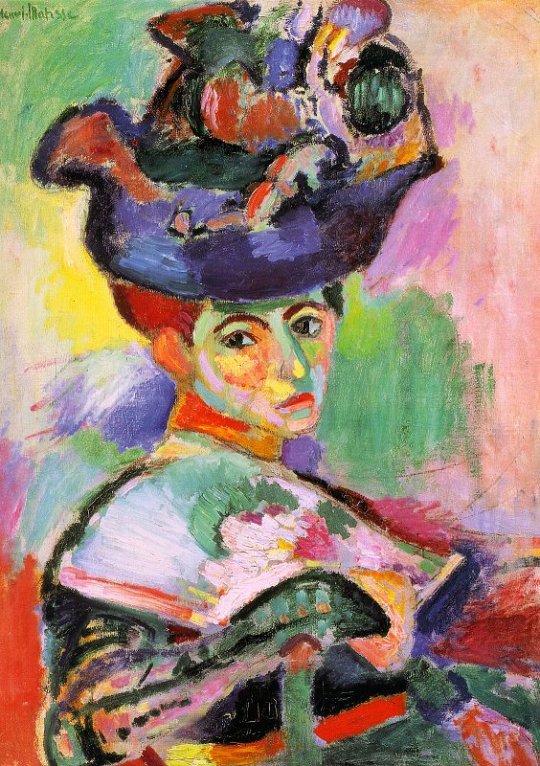 A bright and colorful portrait of a woman wearing a hat.