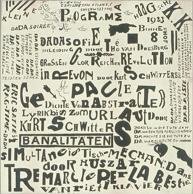A black and white collage made up of words and letters.