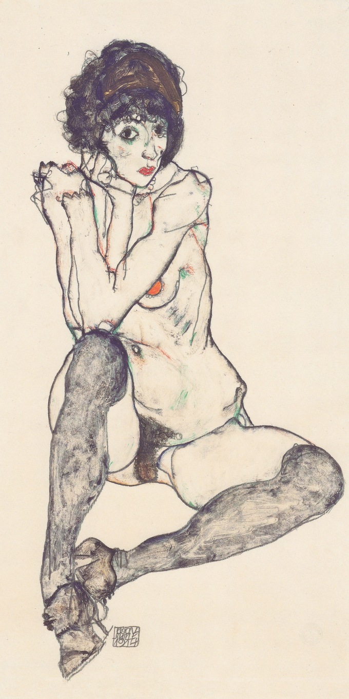 A painting of a woman wearing only a pair of hosiery and heels with her legs spread open.