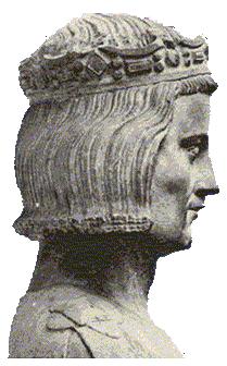 Bust depicts Louis IX from the side with long hair and a crown.