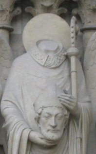 Sculpture of decapitated Saint Denis, holding his head in his hands.