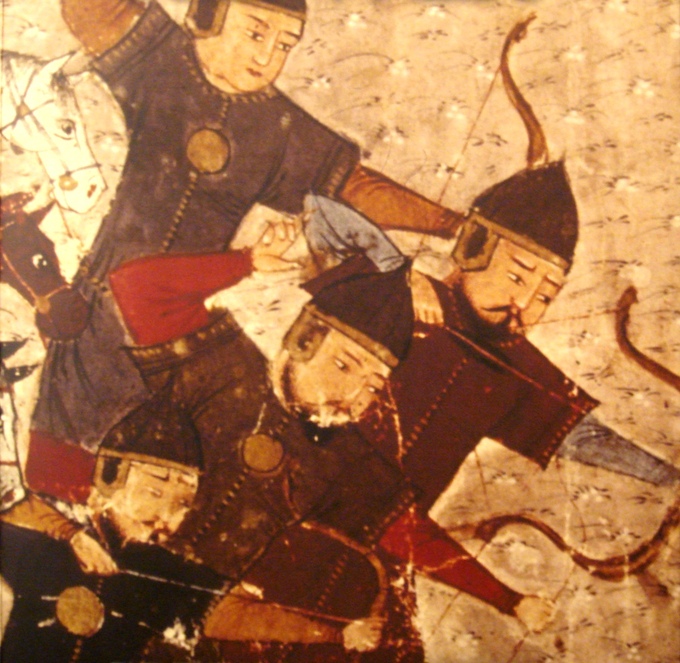 This is a photo of a painting of Mongol soldiers. It depicts four soldiers armed with bows.