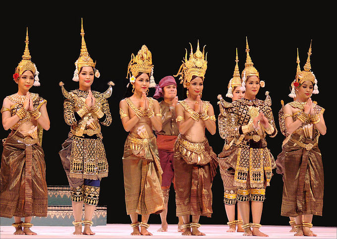 This current-day photo shows the Royal Ballet of Cambodia at curtain call.