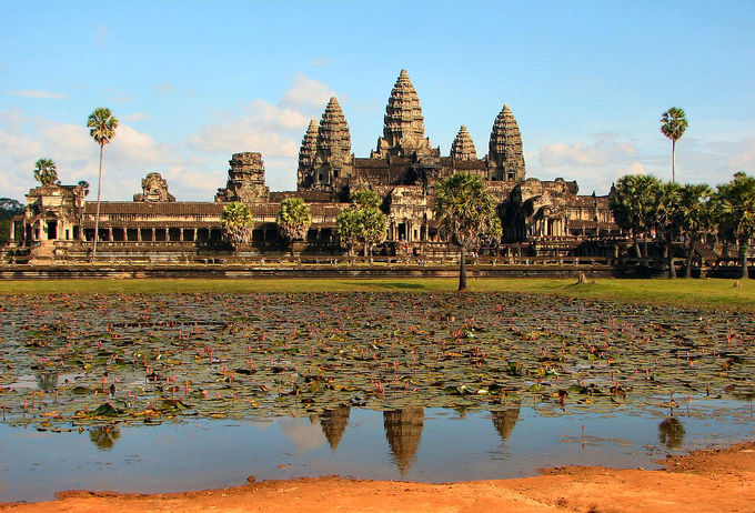 This current-day photo shows a frontal view of the main complex of Angkor Wat.