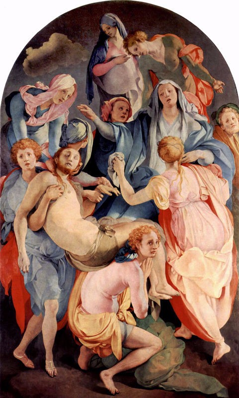 Painting consists of many figures in varying poses. Two figures are carrying the body of Jesus.
