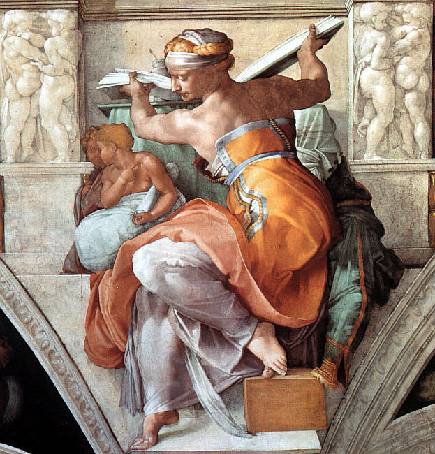 A depiction of the Libyan Sibyl, a mythological priestess, seated and turned to the side, holding a large book behind her but looking away from it, over her shoulder.