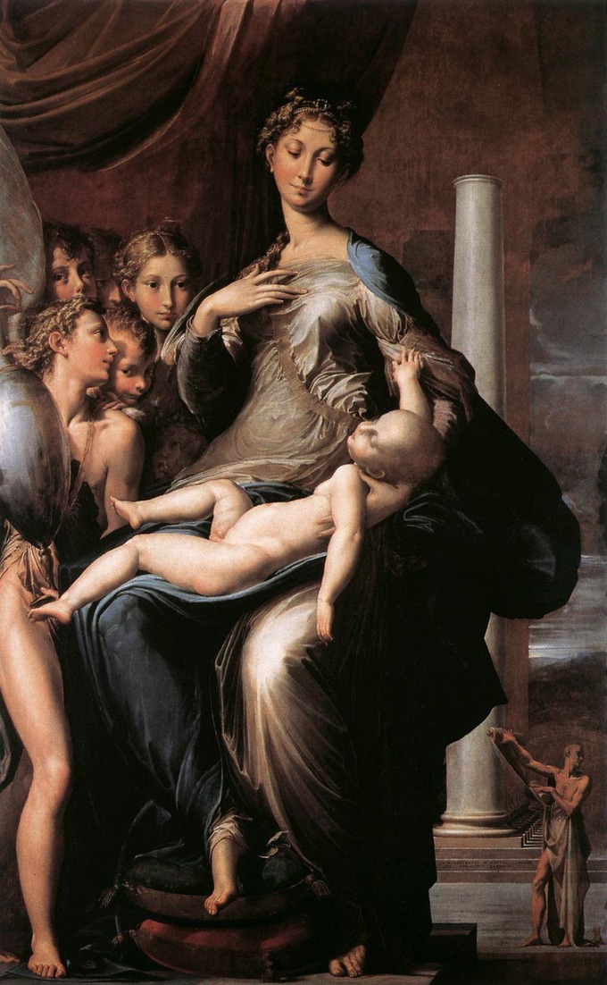 The painting depicts the Virgin Mary seated on a high pedestal in luxurious robes, holding a rather large baby Jesus on her lap. Six angels crowded together on the Madonna's right, adore the Christ-child.