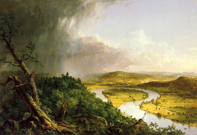In the foreground is a dark wilderness with shattered tree trunks on rugged cliffs with violent rain clouds on the left. That moves to a light-filled and peaceful, cultivated landscape on the right, which borders the tranquility of the bending Connecticut River.