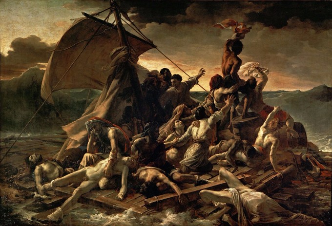 This painting portrays the moment when the remaining 15 survivors of the wreck of the Medusa view a ship approaching from a distance. The men are rendered as broken and in utter despair. An African crew member waves his handkerchief to draw the ship's attention.