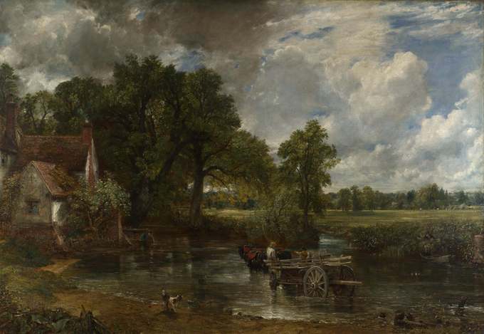 This painting depicts as its central feature three horses pulling what in fact appears to be a wooden wain or large farm cart across the river. A cottage is visible on the far left.