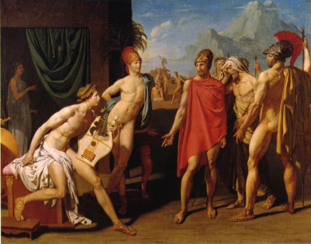 This painting shows an episode from Homer's Iliad, in which Achilles refuses to listen to the envoys sent by Agamemnon to convince him back into the Trojan War.
