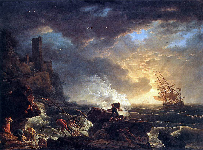 Dramatic scene of a shipwreck on a rocky shore. Dark clouds fill the sky and men are on the shore, helping one another to safety.