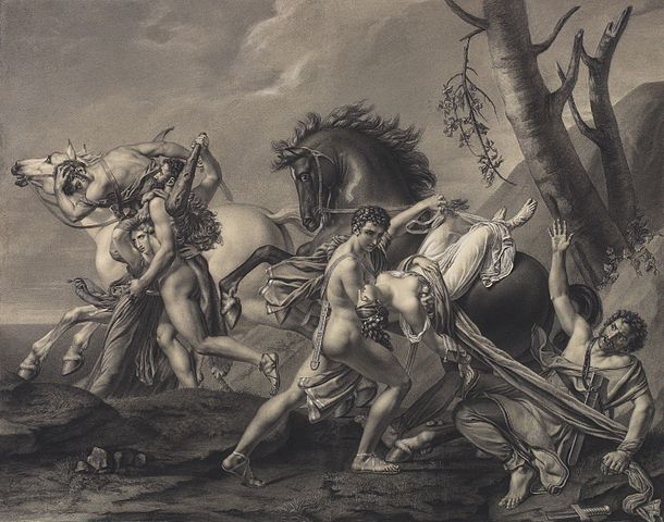 Theseus and Pirithous are depicted as nude men saving two women who were abducted by men on horses.