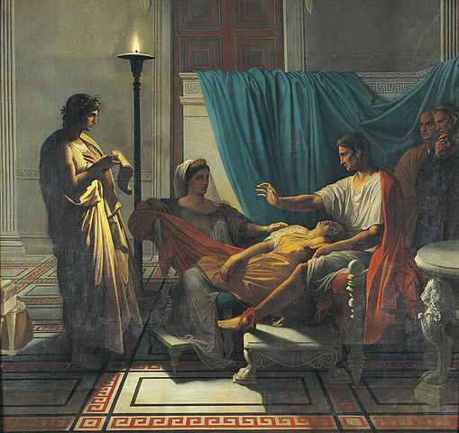 Virgil is standing, reading. A woman has fainted into the lap of Augustus, and another woman tries to help.