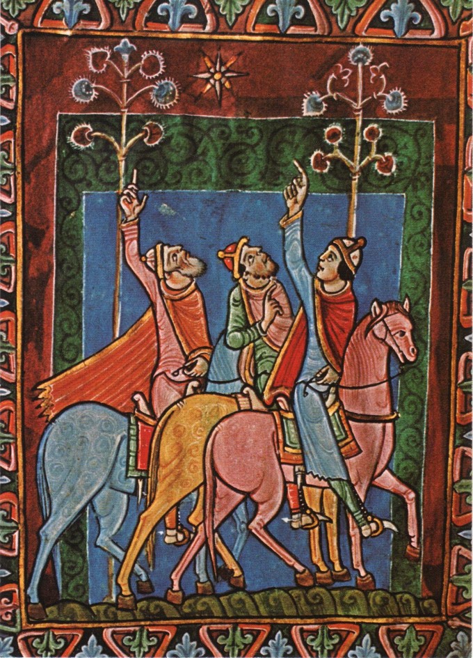 Depiction of the Three Magi in the lavish Romanesque style.